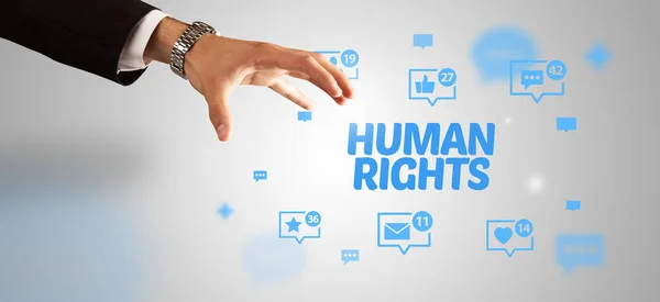 Close Mão Cortada Apontando Para Inscrição Direitos Humanos Conceito Rede — Fotografia de Stock
