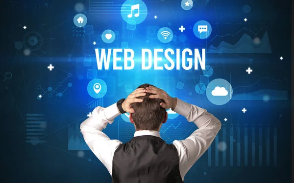Hátsó Nézet Egy Üzletember Web Design Felirattal Modern Technológia Koncepció — Stock Fotó