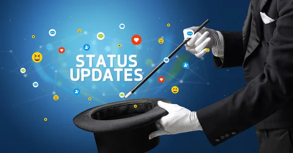 Sihirbaz Status Updates Yazıtları Sosyal Medya Pazarlama Konseptiyle Sihirbazlık Numarası — Stok fotoğraf