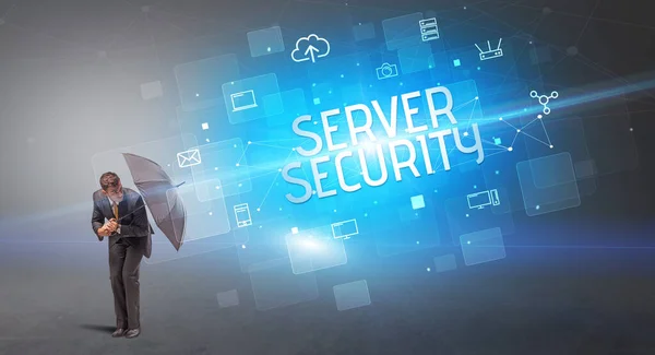 Empresário Defendendo Com Guarda Chuva Ataque Cibernético Inscrição Server Segurança — Fotografia de Stock