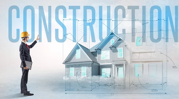 Young Engineer Holding Blueprint Construction Inscription House Planning Concept — Stock Photo, Image