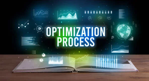 Proceso Optimización Inscripción Que Sale Libro Abierto Concepto Negocio Creativo — Foto de Stock