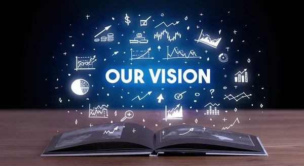 Nasz Napis Vision Wychodzi Otwartej Książki Koncepcji Biznesowej — Zdjęcie stockowe