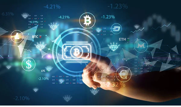 Business Person Hand Pushing Bitcoin Cash Symbol Multimedia Touch Screen — Stock Photo, Image