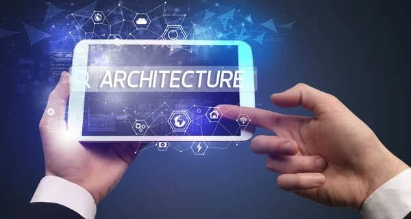 Närbild Surfplatta Söker Architecture Inskription Högteknologisk Computing Koncept — Stockfoto