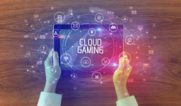 Närbild Surfplatta Med Cloud Gaming Inskription Innovativt Teknikkoncept — Stockfoto
