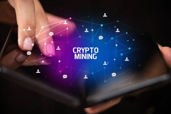Empresário Segurando Smartphone Dobrável Com Inscrição Crypto Mining Novo Conceito — Fotografia de Stock