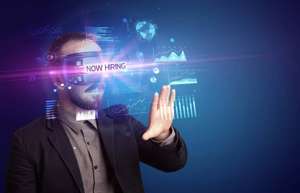 Businessman Looking Virtual Reality Glasses Now Hiring Inscription New Business — 스톡 사진