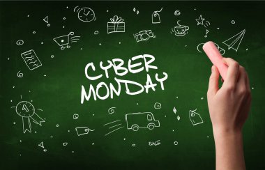 Elle çizilen Siber Pazartesi yazısı tahtada beyaz tebeşir, online alışveriş konsepti