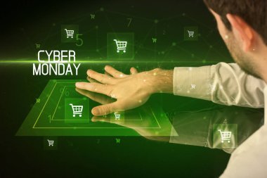 CYBER Pazartesi yazıtları ile online alışveriş, alışveriş arabası simgeleri ile