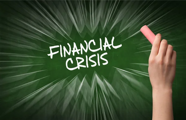 Desenho Mão Inscrição Crise Financeira Com Giz Branco Quadro Negro — Fotografia de Stock