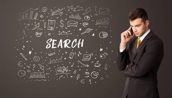 Zakenman Denken Met Search Inscriptie Business Education Concept — Stockfoto