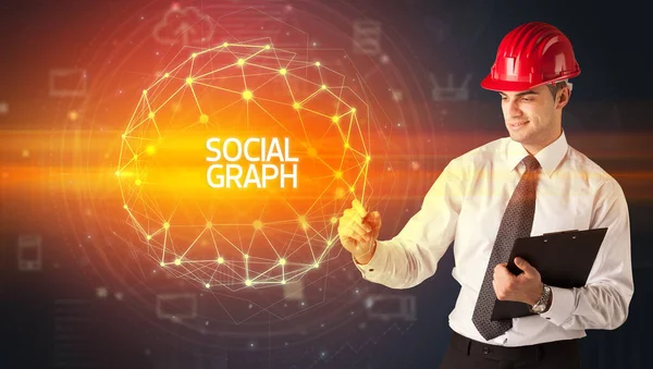 Красивый Бизнесмен Шлеме Рисует Надпись Social Graph Концепцию Социального Строительства — стоковое фото