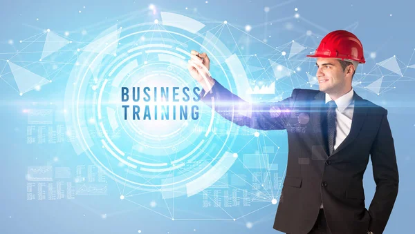 Bello Uomo Affari Con Disegno Casco Business Training Iscrizione Concetto — Foto Stock