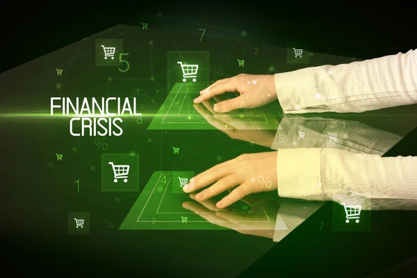 Shopping Online Con Concetto Iscrizione Financial Crisis Con Icone Del — Foto Stock