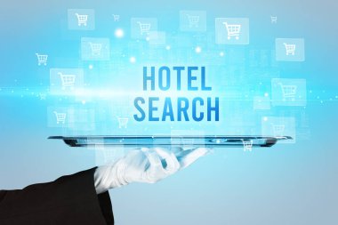 İnternetten alışveriş konsepti olan HOTEL Arama Yazıtı servisi yapan garson