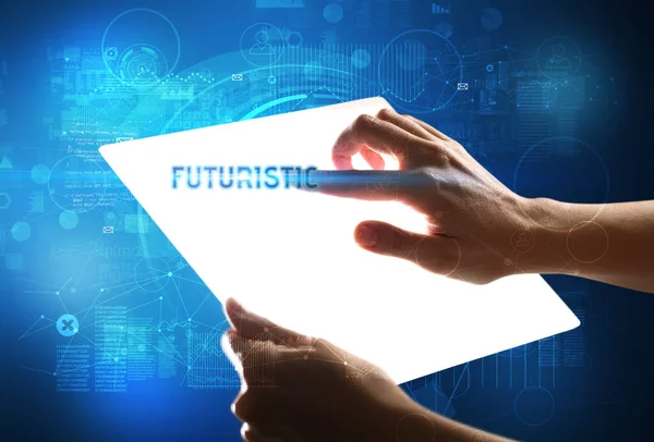 Hand Holdig Futuristický Tablet Nápisem Futuristic Koncept Nové Technologie — Stock fotografie