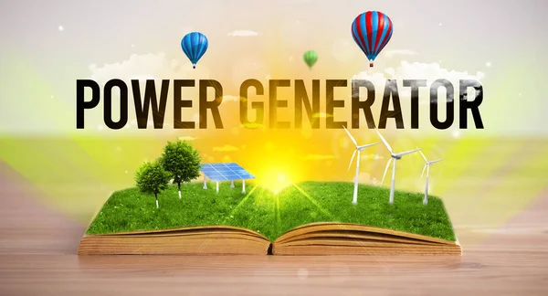 Livro Aberto Com Inscrição Power Generator Conceito Energia Renovável — Fotografia de Stock