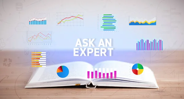 Öppen Bok Med Ask Expert Inskription Nytt Affärskoncept — Stockfoto