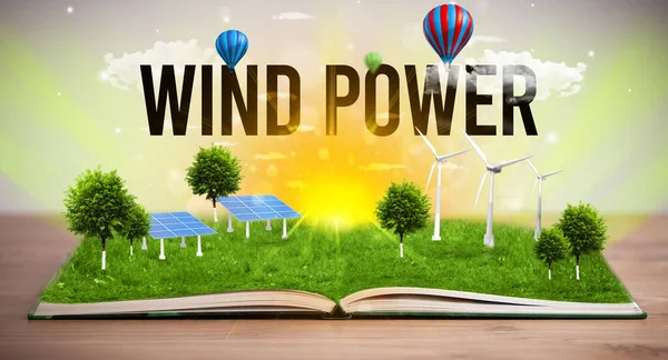 Livro Aberto Com Inscrição Wind Power Conceito Energia Renovável — Fotografia de Stock