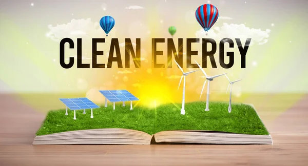 Open book with CLEAN ENERGY inscription, renewable energy concept