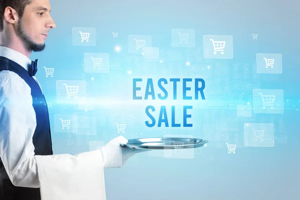 Číšník Servírující Nápis Easter Prodej Koncept Nakupování Online — Stock fotografie