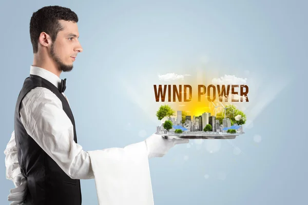 Garçom Servindo Eco Cidade Com Wind Power Inscrição Conceito Energia — Fotografia de Stock