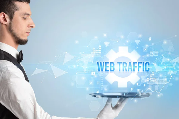 웨이터가 Web Traffic 비문으로 새로운 개념을 제공하는 — 스톡 사진
