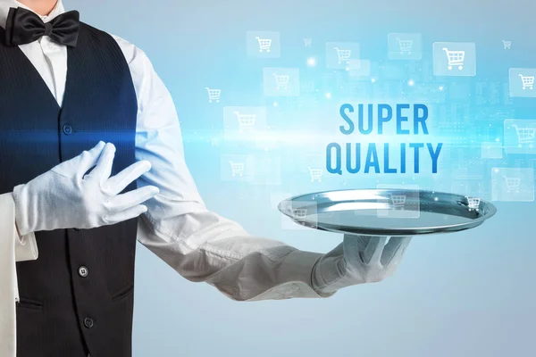 Waiter Serving Super Quality Inscription Online Shopping Concept — Stock Photo, Image