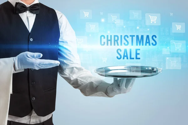 Karácsonyi Feliratot Felszolgáló Pincér Online Vásárlási Koncepció — Stock Fotó