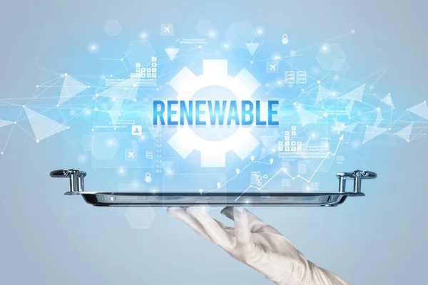 Ober Serveert Nieuwe Technologie Concept Met Renewable Inscriptie — Stockfoto