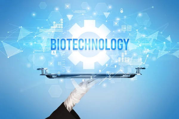 Garçom Servindo Novo Conceito Tecnologia Com Inscrição Biotecnologia — Fotografia de Stock
