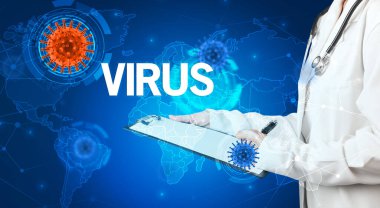Doktor, VIRUS yazıtları ve viroloji konseptiyle tıbbi kayıtları dolduruyor.