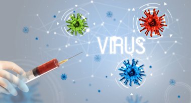 Şırınga, elinde VIRUS yazısıyla tıbbi enjeksiyon, koronavirüs aşısı konsepti