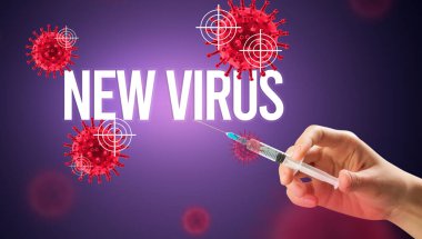 Doktorların yakın plan görüntüsü elinde şırınga olan beyaz bir eldiven, üzerinde yeni VIRUS yazıları, koronavirüs panzehiri konsepti.