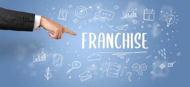 FRANCHISE yazıtına işaret eden kırpılmış elin yakın çekimi, modern iş çözümü kavramı
