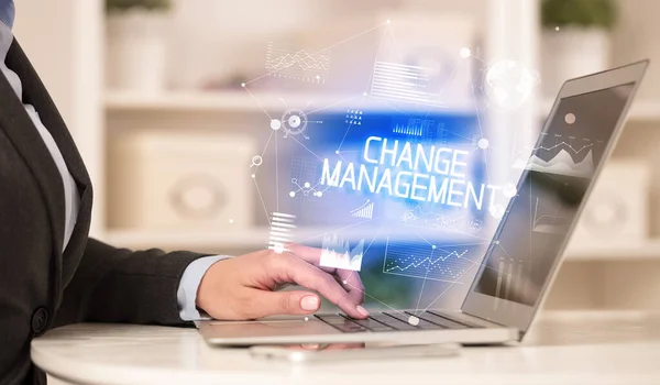 Side View Business Person Working Laptop Change Management Inscription Modern — Stock Photo, Image