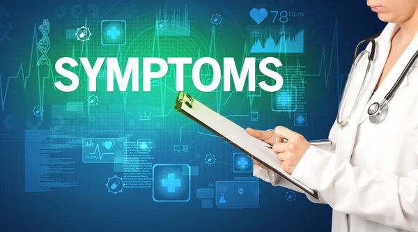 Jonge Arts Noteert Met Symptoms Inscriptie Gezondheidszorg Concept — Stockfoto