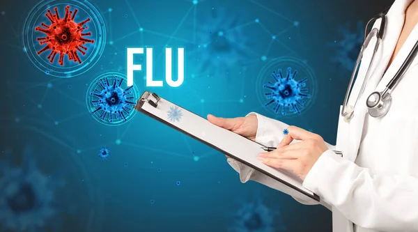 Doctor Prescribes Prescription Flu Inscription Pandemic Concept — Stock Photo, Image