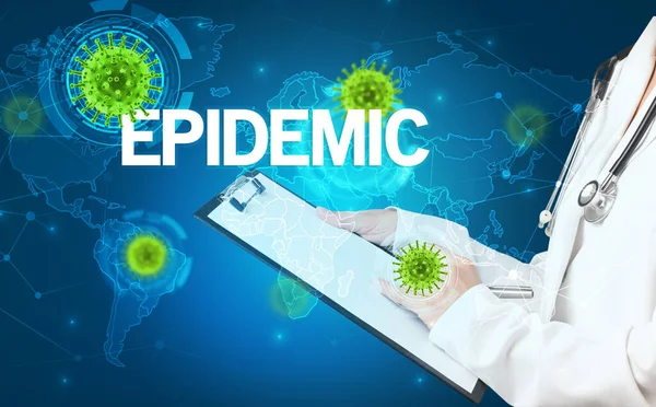 Arzt Füllt Krankenakte Mit Epidemic Aufschrift Virologie Konzept — Stockfoto