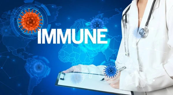 Доктор Заповнює Медичні Записи Написом Immune Вірологічною Концепцією — стокове фото