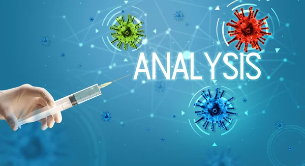 Spuit Medische Injectie Hand Met Analysis Inscriptie Coronavirus Vaccin Concept — Stockfoto