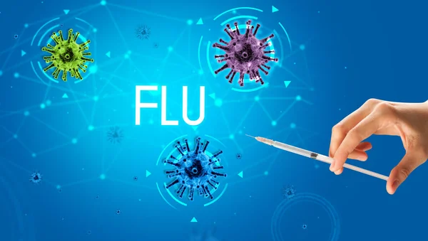 Injekční Stříkačka Lékařská Injekce Ruce Nápisem Flu Koncepce Koronavirové Vakcíny — Stock fotografie