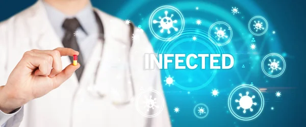 Läkare Ger Piller Med Infektat Inskription Coronavirus Koncept — Stockfoto
