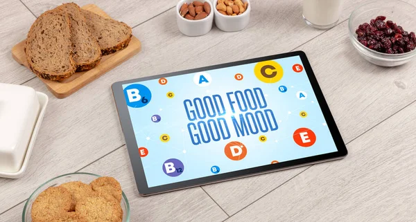 Composición Saludable Tableta Con Inscripción Buena Alimentación Buena Mood Concepto — Foto de Stock