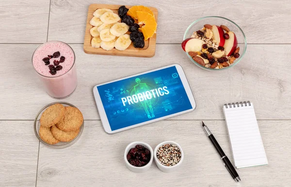 Concepto Probiotics Tableta Con Frutas Vista Superior —  Fotos de Stock