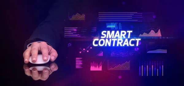 Mano Celebración Periférico Inalámbrico Con Inscripción Smart Contract Concepto Negocio — Foto de Stock