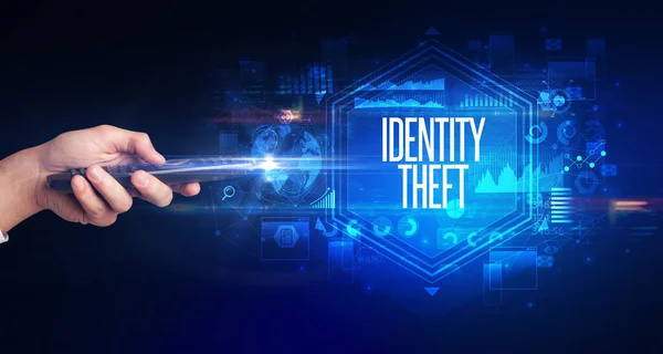 Hand Hält Drahtlose Peripherie Mit Identity Theft Aufschrift Cyber Sicherheitskonzept — Stockfoto