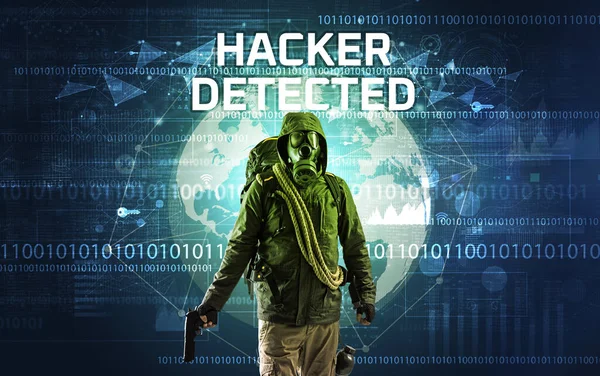 Hacker Sans Visage Travail Avec Inscription Hacker Detected Concept Sécurité — Photo