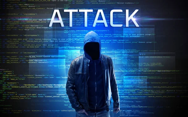 具有Attack在二进制代码背景上的签名的匿名黑客 — 图库照片